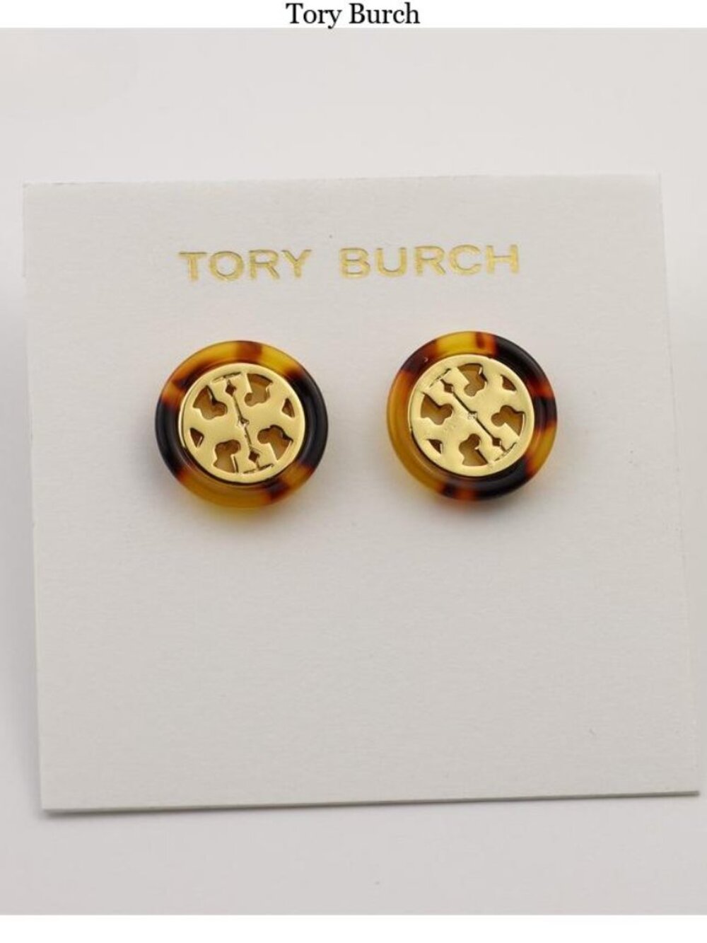 Tory Burch Gold and Tortoise Logo Round Stud Earrings